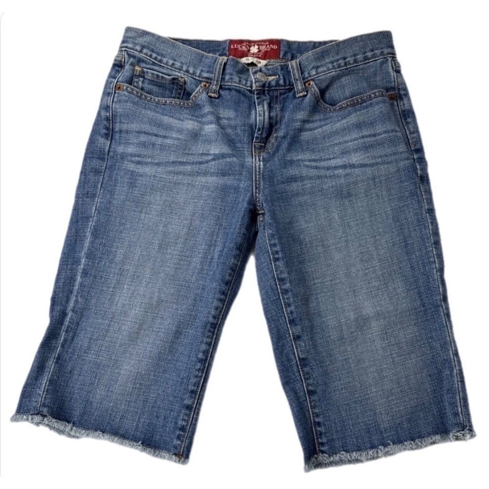 Lucky Brand Abbey Bermuda Women 6 28 Blue Floral Embroidered Raw‎ Hem Denim